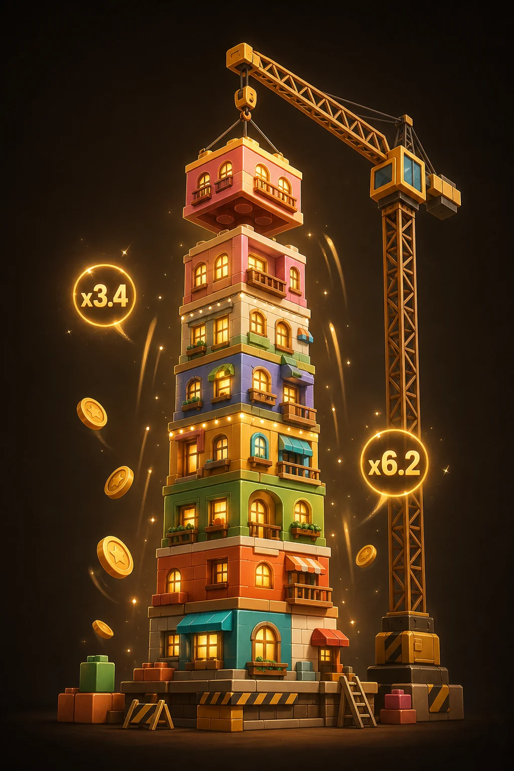 Tower Rush Screenshot - Turm mit Multiplikator x3,24 und Cash-Out-Button