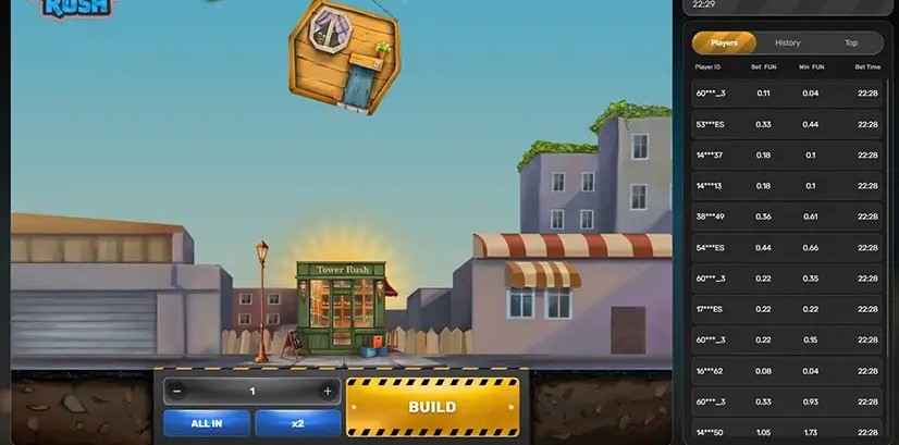 Tower Rush Straßenansicht mit Baukran und Einsatzhöhe-Auswahl